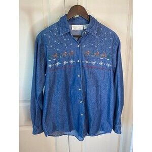 Casey & Max vintage reindeer cross-stitch embroidered denim button up